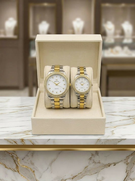 lK Luxury Couple Quartz Watch Set – Gold & Silver Diamond Edition