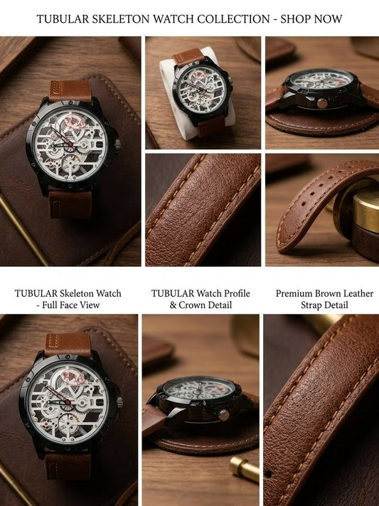 TUBULAR Premium Skeleton Leather Watch – Luxury Men's Analog Wristwatch (Brown Strap & Black Case)