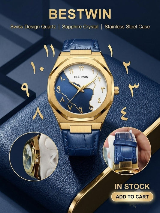 BESTWIN Luxury Arabic Dial Quartz Watch With Master lock – Sapphire Crystal Gold Case & Premium Blue Leather Strap