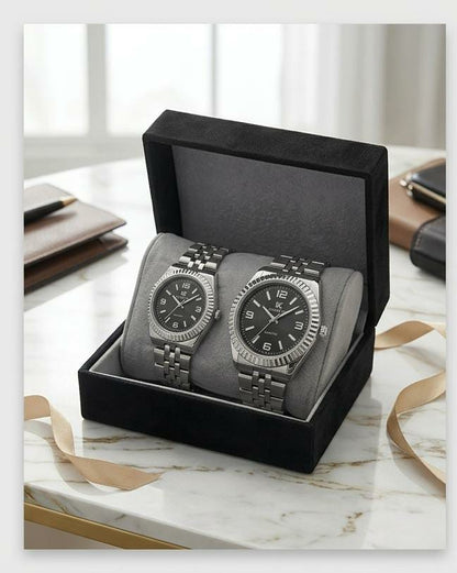 His & Hers Silver Black Matching Quartz Watch Set – LK Collection Luxury Pair