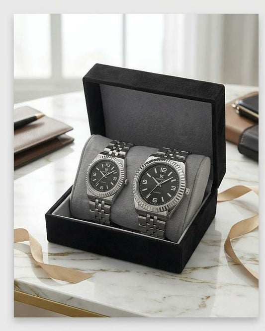 His & Hers Silver Black Matching Quartz Watch Set – LK Collection Luxury Pair