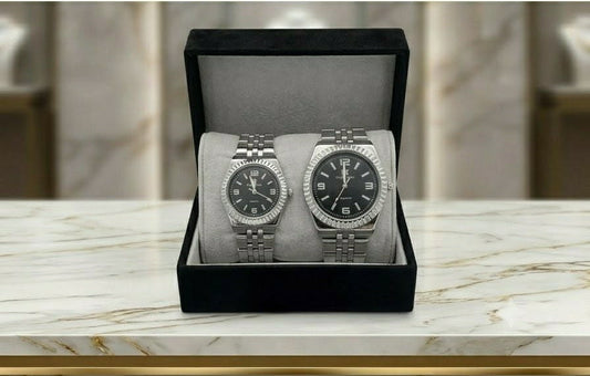 His & Hers Silver Black Matching Quartz Watch Set – LK Collection Luxury Pair