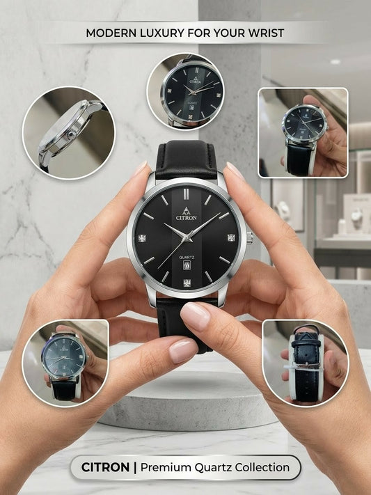 Citron Silver Black Dial Quartz Watch with Leather Strap