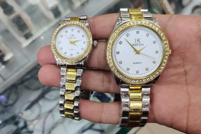 lK Luxury Couple Quartz Watch Set – Gold & Silver Diamond Edition