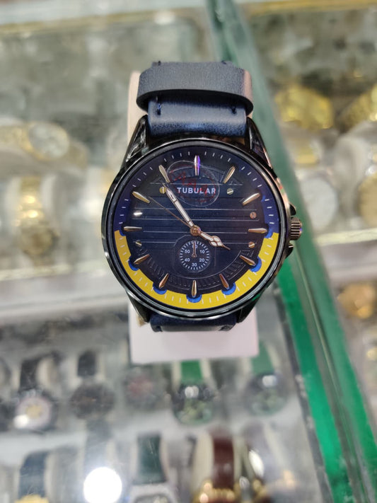 Tubular Blue Dial Analog Watch with Leather Strap