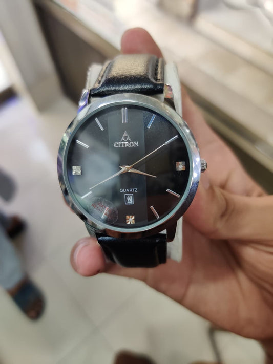 Citron Silver Black Dial Quartz Watch with Leather Strap