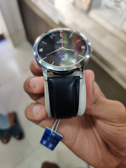 Citron Silver Black Dial Quartz Watch with Leather Strap