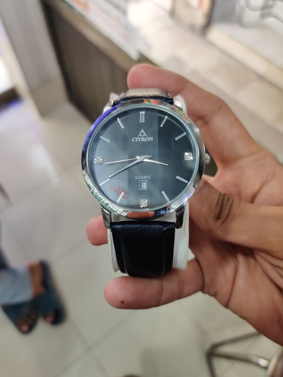 Citron Silver Black Dial Quartz Watch with Leather Strap