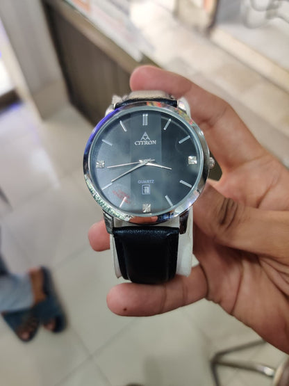 Citron Silver Black Dial Quartz Watch with Leather Strap