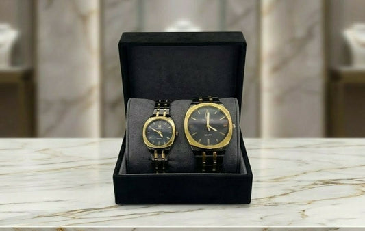 His & Hers Black & Gold Matching Quartz Watch Set – Luxury Couple Collection