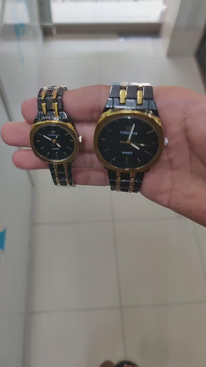 His & Hers Black & Gold Matching Quartz Watch Set – Luxury Couple Collection